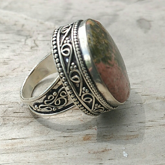 Genuine Unakite Gemstone Sterling Silver Ring - Picture 2 of 6